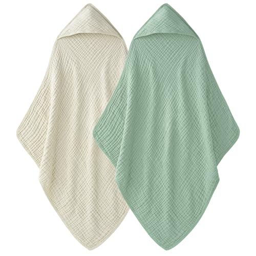 Unnivoll Hooded Baby Towels 100% Muslin Cotton Baby Bath Towels with Hood 2 Pack Baby Towels for Newborn, Infant, Toddler, Kids, Large 32x32Inches, Soft and Absorbent Newborn Essential Apricot Green