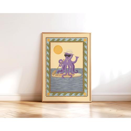 Surf Octopus Wall Art Beach Nursery Decor Coastal Kids Room Ocean Animal Print Cute Sea Life Nursery Paddle Board Poster