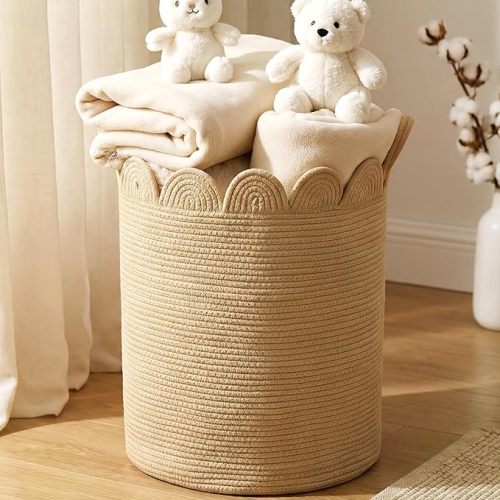 LemonRoad Brown Round Tall Basket Large Blanket Basket 15" x 20" Scalloped Woven Baskets Cotton Storage Baskets for Nursery Classroom Closet Blankets Storage Home Decor