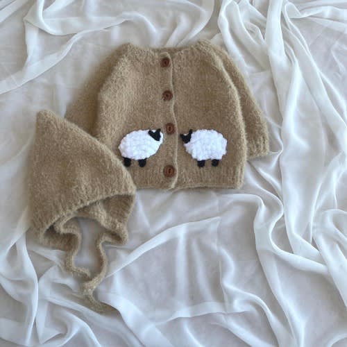 Hand Knit Lamb Cardigan & Hat Set: Soft Wool, Vintage Style