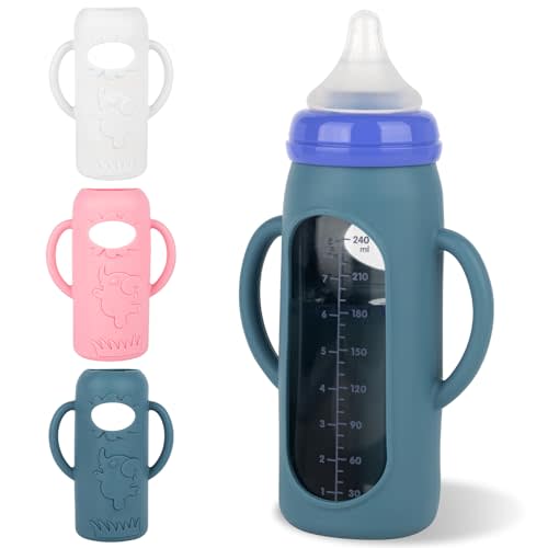 Silicone Sleeves with Handles for Lansinoh Glass Baby Bottles 8oz,Anti Breakage Baby Bottle Holder with Handles 3 Pack