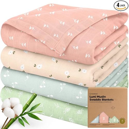 4-Pack Muslin Swaddle Blankets for Boys, Girls - Organic Baby Swaddles for Newborns, Soft & Breathable Receiving Baby Blankets for Girl, Boy, Neutral, Newborn Essentials Gift (Bloom)