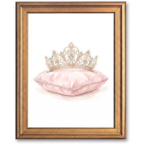 Framed Canvas Wall Art Whimsical Gold Tiara Pink Cushion Princess Crown Pastel Blush Canvas Print Poster Gold Frame Wall Decor for Girls Room Bedroom Art, Fairytale Decor - Inch 12x16