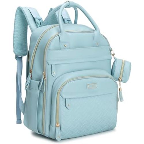 BabbleRoo Leather Diaper Bag Backpack - Baby Essentials Travel Baby Bag, Multi function, Water Resistant, with Changing Pad, Stroller Straps & Pacifier Case – Unisex, Powder Blue
