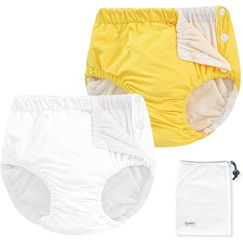 EZ Moms 2 Packs Reusable Swim Diapers Toddler Baby Swim Diaper Size 1 Washable Snap Pool Swimming Diaper 12-18 Months Soft Waterproof Diapers for Swimming Lessons Boys and Girls with a Laundry Bag