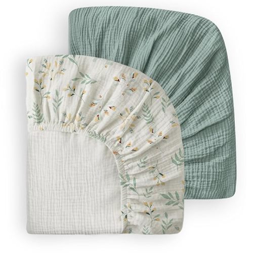 Blissful Diary Muslin Crib Sheets, 2 Pack, Roman Green & Leaf | fitted for 52''x28'' crib mattress, soft and breathable cotton, boho style, easy care for machine wash, gift for boy and girl