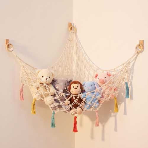 Handmade Cotton Rope Toy Hammock, Corner Stuffed Animal Net, Plushie Storage for Nursery, Kids Room Wall Hanging Organizer
