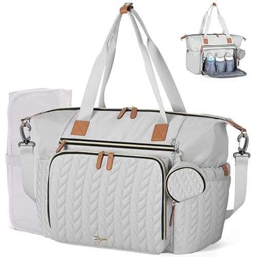 Diaper Bag Tote, Large Diaper Bags Waterproof, Hospital Bag for Labor Delivery, Baby Bag with Pacifier Case, Travel Diaper Tote with Changing Pad, Grey