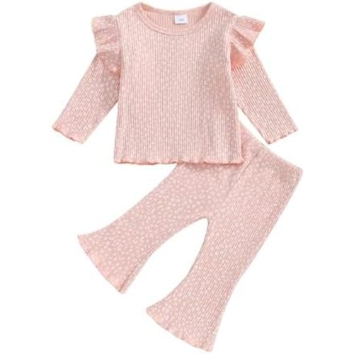 Toddler Girl Fall Winter Outfits Baby Knit Ribbed Fly Sleeve Shirt Tops Pants 2Pcs Set Little Girls Clothes