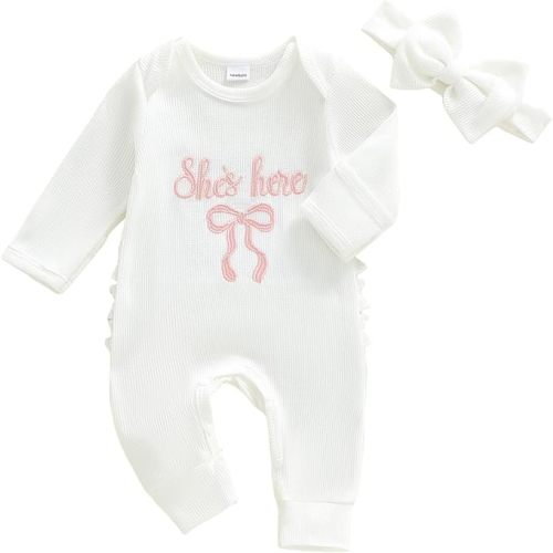 Newborn Baby Girl Coming Going Home Clothes She's Here Bow Embroidery Knit Romper Onesie Fall Winter Outfit