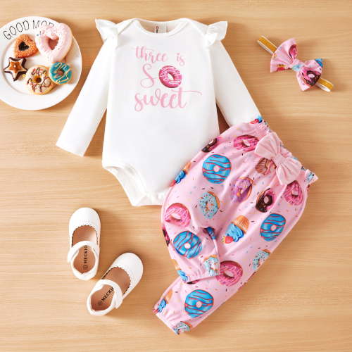 PatPat Baby Girl Outfit Set Long Sleeve Ruffle Bodysuit Donut Pants Cute Headband Sweet Pink Birthday Gift for Baby Girls 3-6 Months