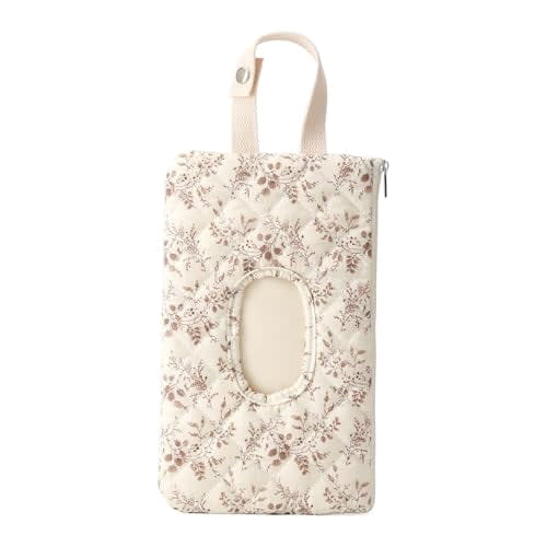 Quilted Baby Wipe Holder Quilted Wipe Pouch Portable Hanging Floral Wet Wipes Bag for Car, Stroller Beige