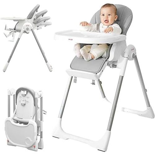 KÜB 3-in-1 Foldable Baby High Chair | Multifunctional Infant High Chairs for Babies and Toddlers | Removable Seat & Tray Easy Clean | 7 Height & 4 Recline Adjustable | 2 Locking Wheels (Grey)