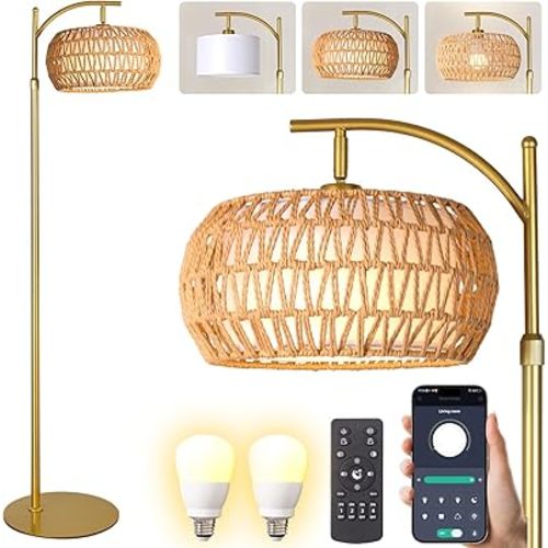 Gold Boho Rattan Floor Lamp w/Remote, Dimmable (2700K - 6000K), 2 - in - 1 Wicker & Fabric Shade, Adjustable 165-172cm for Living Room & Bedroom