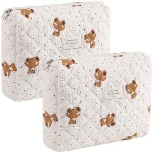 uekeboag 2Pcs Quilted Cotton Makeup Bag, Coquette Cosmetic Bag(14Dot Bear)