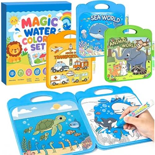 Topkid Reusable Water Coloring Books for Toddlers 1-3, 3 Pack Magic Water Painting Book for Mess-Free Coloring, Travel Activity Toys & Educational Learning Kits Gifts for Kids Boys Girls Ages 3+
