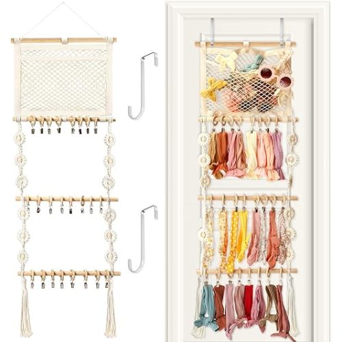 Headband Holder Hair Bows Organizer for Baby Girls Over Door Bows Holder 4 Tier Wooden Large Daisy Headband Hair Accessories Organizer Storage Decor Wall Hanging for Toddler Girls Room
