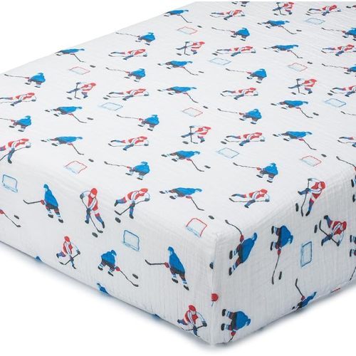 LollyBanks Muslin Crib Sheet for Boys 1 Pack, 100% Cotton Soft and Breathable Crib Fitted Sheet for Standard 52"x28" Mattress, Cozy and Snug Baby Bed Sheets, Baby Essentials (Ice Hockey Print)
