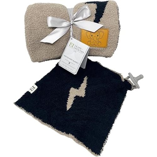 Lightning Bolt Baby Lovey Pacifier Holder & Blanket Combo - DreamSoft Cuddly Knitted Mini Security Blanket and Knitted Throw - Newborn Gift Essential for Babies Boys and Girls (Black/Brown Combo)