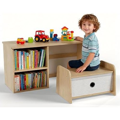 Kids Bookshelf with Bench, Toddler Table with Reading Nook, Montessori Shelf with Fabric Drawer, Toy Organizers and Storage for Kids Rooms, Nursery, Playroom, Bedroom, Natural