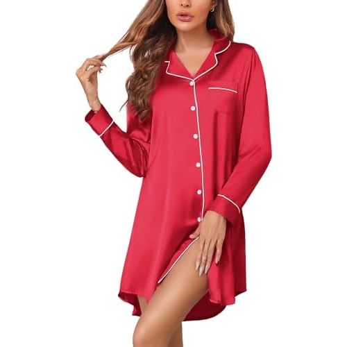 Senert Satin Nightgown for Women Button Down Sleep Shirt Short Sleeve Sleepwear Pajama Dress Boyfriend Nightshirt S-XXL