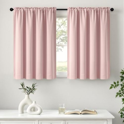 MIULEE Light Pink Short Blackout Curtains for Small Bedroom Window 36 Inches Long 2 Panels, Room Darkening Drapes for Kitchen Cafe Rv Basement Solid Rod Pocket Privacy Tiers for Bathroom Half Window