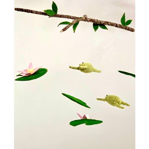 Frog Baby Mobile, Natural Fiber Gender Neutral Nursery Decor, Knit Frog