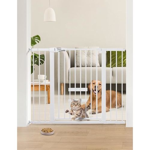 BABELIO 36 Inch Extra Tall Baby Gate with Cat Door, 29-48" Metal Pet Door for Stairs, Doorways, Auto Close, Easy Walk Thru,White