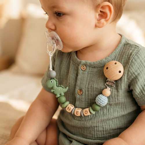 Personalized Dinosaur Pacifier Clip, Custom Name Silicone & Wood Paci Clip, Baby Shower Gift, Newborn Boy Gift, Dino Binky Holder