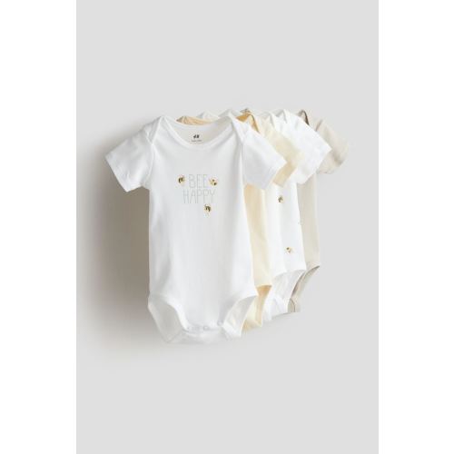 5-pack Cotton Bodysuits, Envelope Neck, Short sleeve, Light yellow/Bee Happy