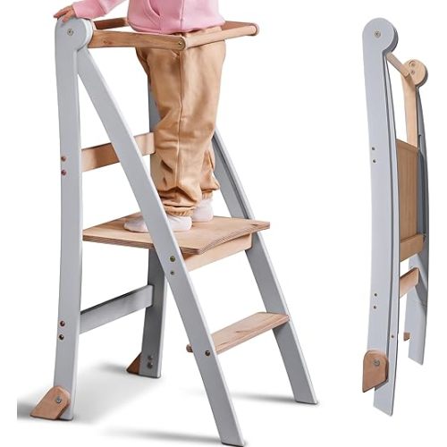 Wooden Montessori Foldable Toddler Standing Stool – Space-Saving Step Stool for Children with Anti-Tip Protection, Stool for Children, Foldable Kids' Step Stool