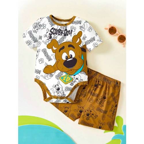 SCOOBY-DOO X SHEIN 2pcs/Set Baby Boy Cartoon Dog Print Contrast Trim Bodysuit & Shorts Summer Set | SHEIN USA