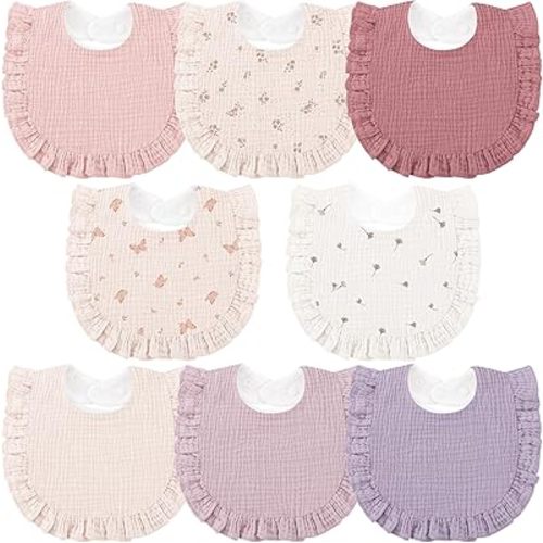 Bearmoss Muslin Baby Drool Bibs - 8 Pack Baby Bandana Drool Bibs Cotton Unisex, Snap Muslin Bibs for Boys Girls (Purple Floral, One Size)
