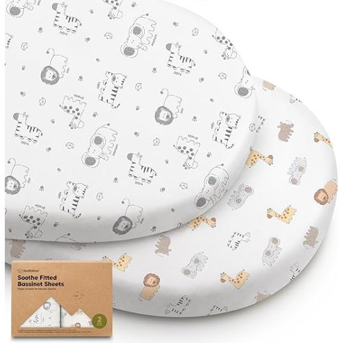 2-Pack Organic Baby Bassinet Sheets Boys, Girls - 100% Cotton Bassinet Mattress Sheets Compatible with Halo Bassinest Swivel Sleeper, Graco, Baby Delight, Universal Bassinet Fitted Sheets (KeaSafari)