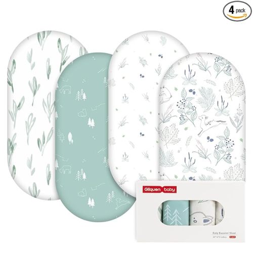 Gllquen Baby Bassinet Sheets 4 Pack, Breathable Cozy Fitted Mattress Sheet, Elastic Travel Crib Fashionable Pattern, Standard Cradle Safe Sheets for Baby Boys Girls 32"x16"(Forest Deer)