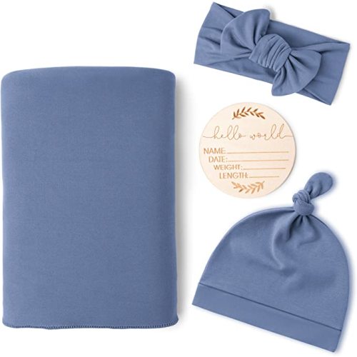 Konssy Baby Girl Newborn Receiving Blanket with Matching Headband and Beanie Set Baby Swaddle Nursery Swaddle Wrap(Blue)