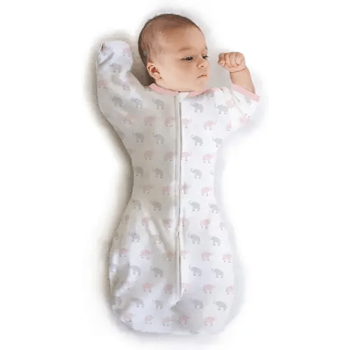 Amazing Baby Transitional Swaddle Sack with Arms Up Half-Length Sleeves and Mitten Cuffs, Medium, 3–6 months, 14-21 lbs, Tiny Elephants, Pink (Arms Up Swaddle, Transition Swaddle Sleep Sack)