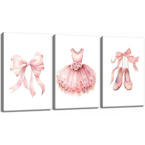 3Pcs Pink Ballet Nursery Canvas Wall Art Girls Baby Ballerina Painting Decor Pictures Bow Dance Skirt Shoes Kids Poster Prints for Dance Studio Baby Room living Bedroom Decoration