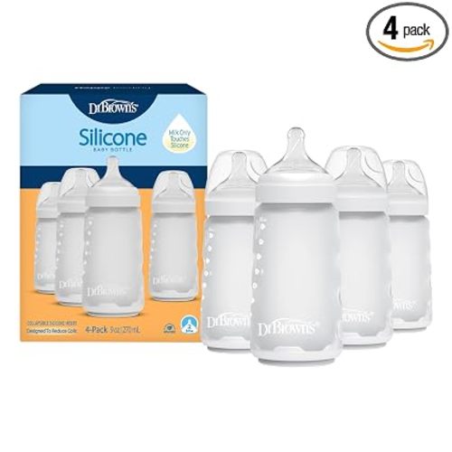 Dr. Brown's Silicone Baby Bottle with Collapsible Insert Designed to Reduce Colic, 9 oz with Wide-Neck Level 2 Medium Flow Nipple, BPA-Free, 3m+, White, 4-Pack