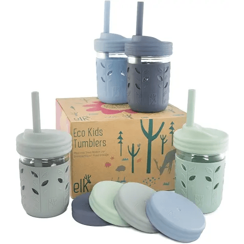Elk and Friends Kids & Toddler Cups | The Original Glass Mason jars 8 oz with Silicone Straws with Stoppers | Smoothie Cups | Spill Proof Sippy Cups for Toddlers
