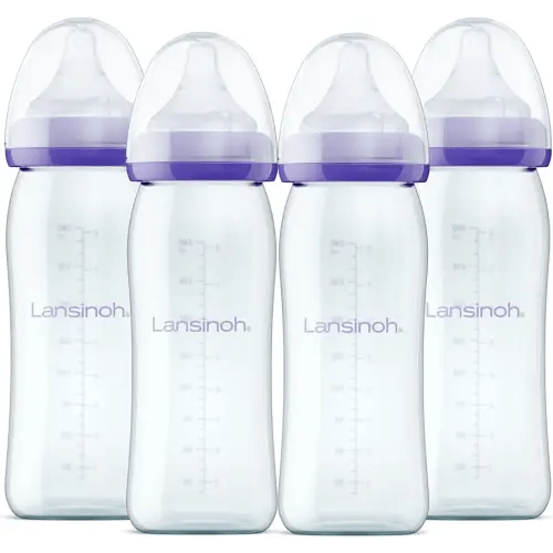 Lansinoh Anti-Colic Glass Baby Bottles, 8 Ounces, 4 Count Bottles for Feeding, Baby Essentials, Includes 4 Medium Flow Nipples, Size M