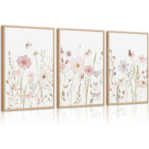 Wildflower Nursery Wall Art Pink Watercolor Floral Painting Baby Girl Nursery Canvas Wall Decor Vintage Botanical Flower Picture Boho Wildflower Prints for Bedroom 12x16x3 Inch Framed