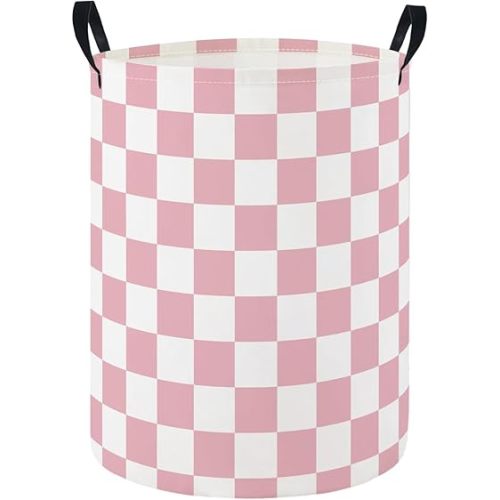 HIYAGON Baby Laundry Hamper Basket Baby Hamper for Nursery Boy and Girl Cute Kids Toys Storage Bin Organizer Boho Room Decor(Pink Checkered)