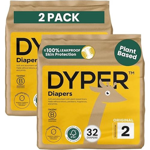 DYPER - Baby Diapers Size 2 Premium Leak Protection Plant Based Hypoallergenic Diaper for Day and Overnight Skin-Friendly Comfort | Soft Size 2 Diapers (12-18 lb), 64 Count