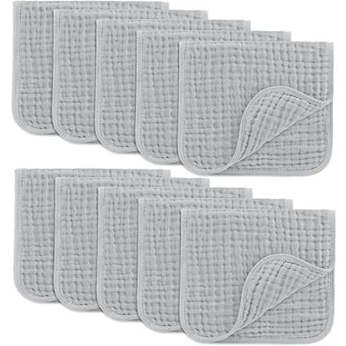 Comfy Cubs Muslin Burp Cloths 20" x 10", Pack of 10 - Large, 6-Layer, Ultra Absorbent 100% Cotton for Baby Drool and Messes - Soft, Safe & Gentle Baby Burp Cloths for Boys & Girls - Heather Blue