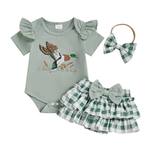 KtwHarnu Hunting Baby Girl Clothes Mallard Duck Embroidery Short Sleeve Romper Ruffle Tutu Shorts Set Newborn Summer Outfit