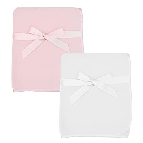 American Baby Company 2-Piece Fleece Blanket with Silk-Like Satin Trim set, Soft, Warm & Cozy, Pink and White, 30" x 30" for Boys and Girls, Perfect for Baby Carrier, Stroller, Travel and Gifting