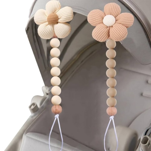 2pcs Flower Pacifier Clip, Silicone Bead Pacifier Clip for Baby Girls and Boys with Beige Brown Color Daisy Birthday Christmas Gift