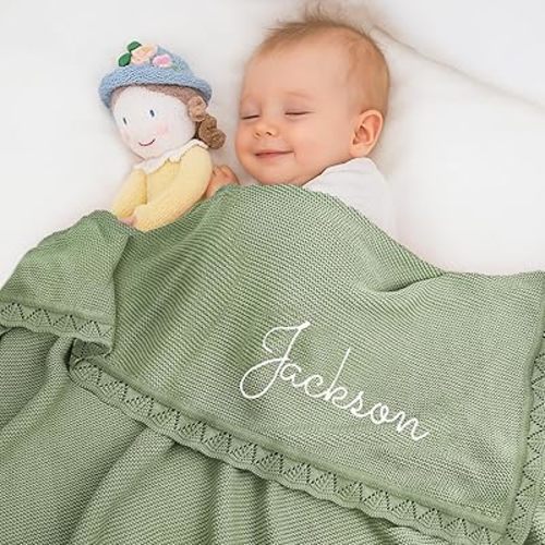 Personalized Embroidered Baby Blanket with Name,100% Pure Cotton Knit Nap Blanket,Custom 350GSM Blankets for Boy/Girl,Personalized Gifts for Newborn