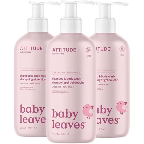 ATTITUDE 2-in-1 Shampoo and Body Wash for Baby, EWG Verified, Dermatologically Tested, Vegan, Unscented, 473 mL (Pack of 3)